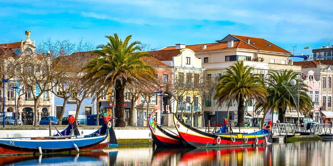 Photo of the center of Aveiro, showing the central canal and a traditional boat called Moliceiro.